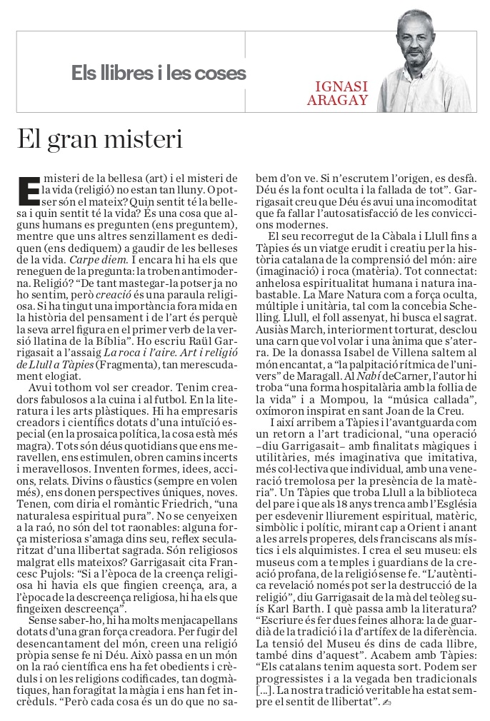 Ignasi Aragay ressenya "La roca i l'aire. Art i religió de Llull a Tàpies" de Raül Garrigasait i us en recomana vivament la literatura. 

Agraïts i contents que l'obra no pari de guanyar lectors! 

Web del 📕 fragmenta.cat/producte/l-air…