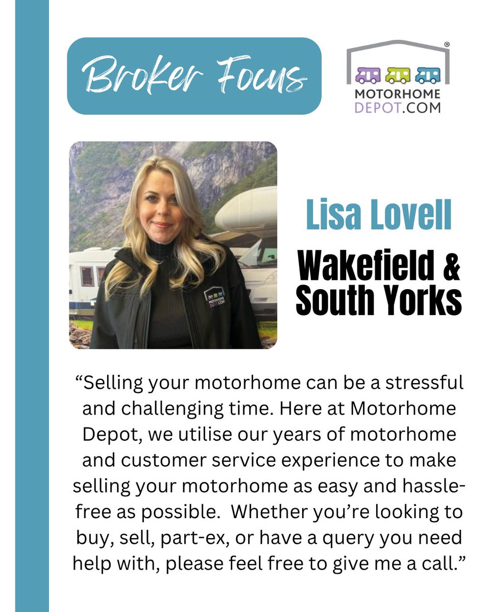 MotorhomeDepot's tweet image. Meet Lisa, our broker in Wakefield and South Yorkshire.

#Motorhome #motorhomelife #motorhomeadventures #motorhometravel #motorhomeliving #motorhomelifestyle #campervan #campervanlife #campervanadventures #MotorhomesForSale