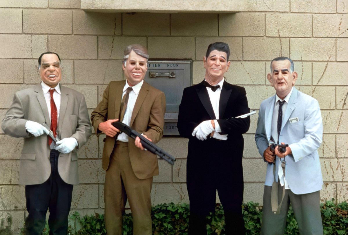 Bigelow and Cameron made big script changes. One included the masks the Ex-Presidents wear. W. Peter Iliff had them wearing masks of older Presidents like George Washington and Abraham Lincoln. It was changed to the more contemporary Richard Nixon and Ronald Reagan.

21/46
