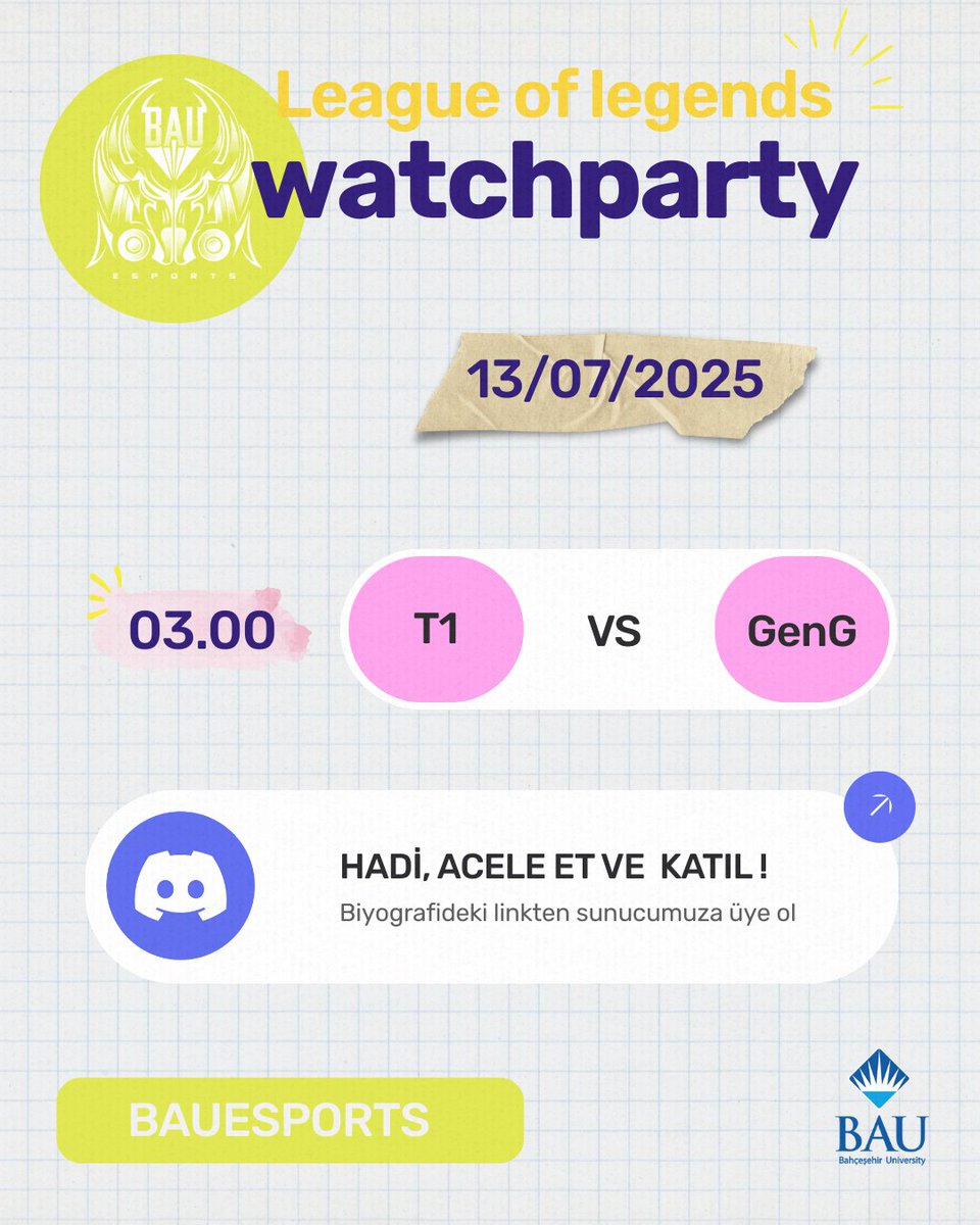 🎉BÜYÜK GÜN🎉

TAKIMLAR BELLİ OLDU! 

🔥Oynanacak MSI 2025 Finali için T1 ve GenG karşı karşıya

💪Durma sende katıl !

🗓️ Tarih: 13 Temmuz 2025, Pazar
🕑 Saat: 02:30'da buluşalım!
📍 Yer: 📽️ Watchparty sesli kanalı