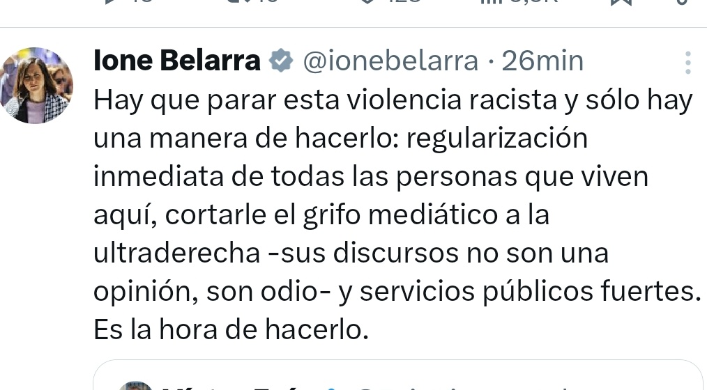 Hay que tenerlos cuadrados para no haber dicho nada mientras los inmigrantes agredían ancianos y perseguían vecinos en Torre Pacheco y quejarse solo cuando los españoles se defienden. 

Y luego que por qué a Podemos ya no le votan ni sus familiares.