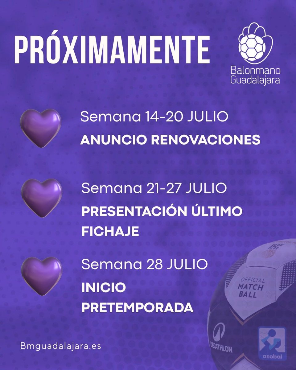 Os contamos cómo tenemos las próximas semanas 👇🏻

Empezamos con alguna renovación, después tendremos una rueda de prensa para presentar a nuestro último fichaje ante los medios y la última semana de julio arrancan los entrenamientos y la pretemporada 💪🏻

Vamos Guada!💜