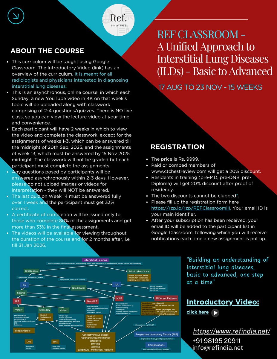 REF_INDIA's tweet image. REF CLASSROOM – A Unified Approach to Interstitial Lung Diseases (ILDs) 15 Weeks course:
📜 Course Fee: ₹9999
🔗 Register: rzp.io/rzp/REFClassro…
🎥 Watch the Introductory Video – youtu.be/SKVEBZ5tMiY