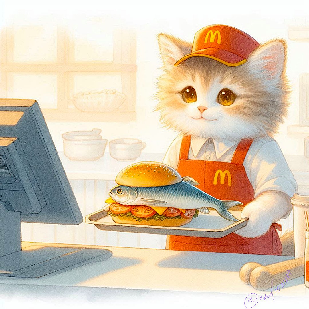 and1521207's tweet image. フィレオフィッシュ、お待たせしましたニャ~🐱🐟
The Filet-O-Fish was so fresh that serving it was hard—I almost couldn’t help but snag a bite or two. Don’t worry, I’m way more reliable than your last takeout.
#aiart #AIイラスト #cat #猫 #マクドナルド
