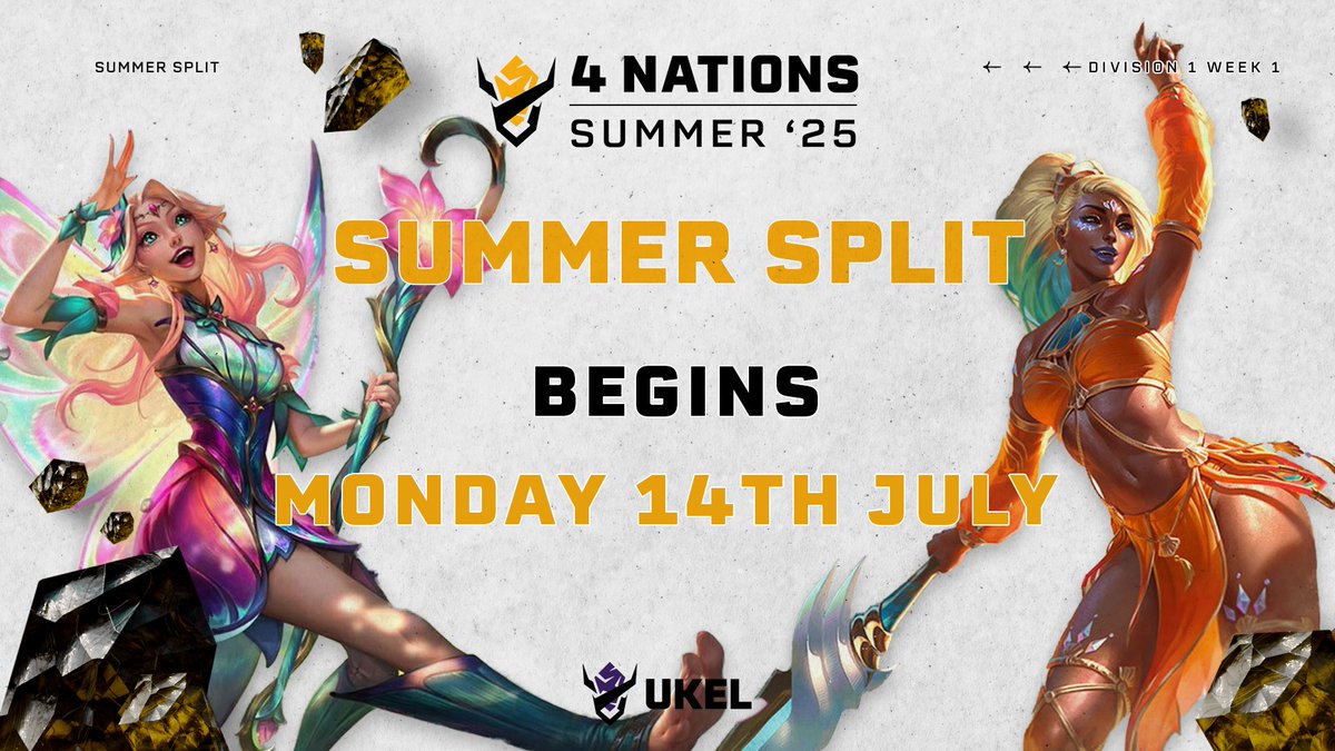 ☀️SUMMER SPLIT '25☀️

Our Summer split starts Monday 14th July!! 🥳

Tune into Twitch at 18:00 BST to catch all the shenanigans live!! ⏰

To get you warmed up, our UKEL Summer Pre-Show Podcast is live right now!!

Featuring 🎙️

<a href="/TemporalLoL/">Temporal</a>, <a href="/MiddlecottIsMe/">Middlecott</a>, <a href="/PHaroldCastel/">Pietro Castellani</a> &amp;