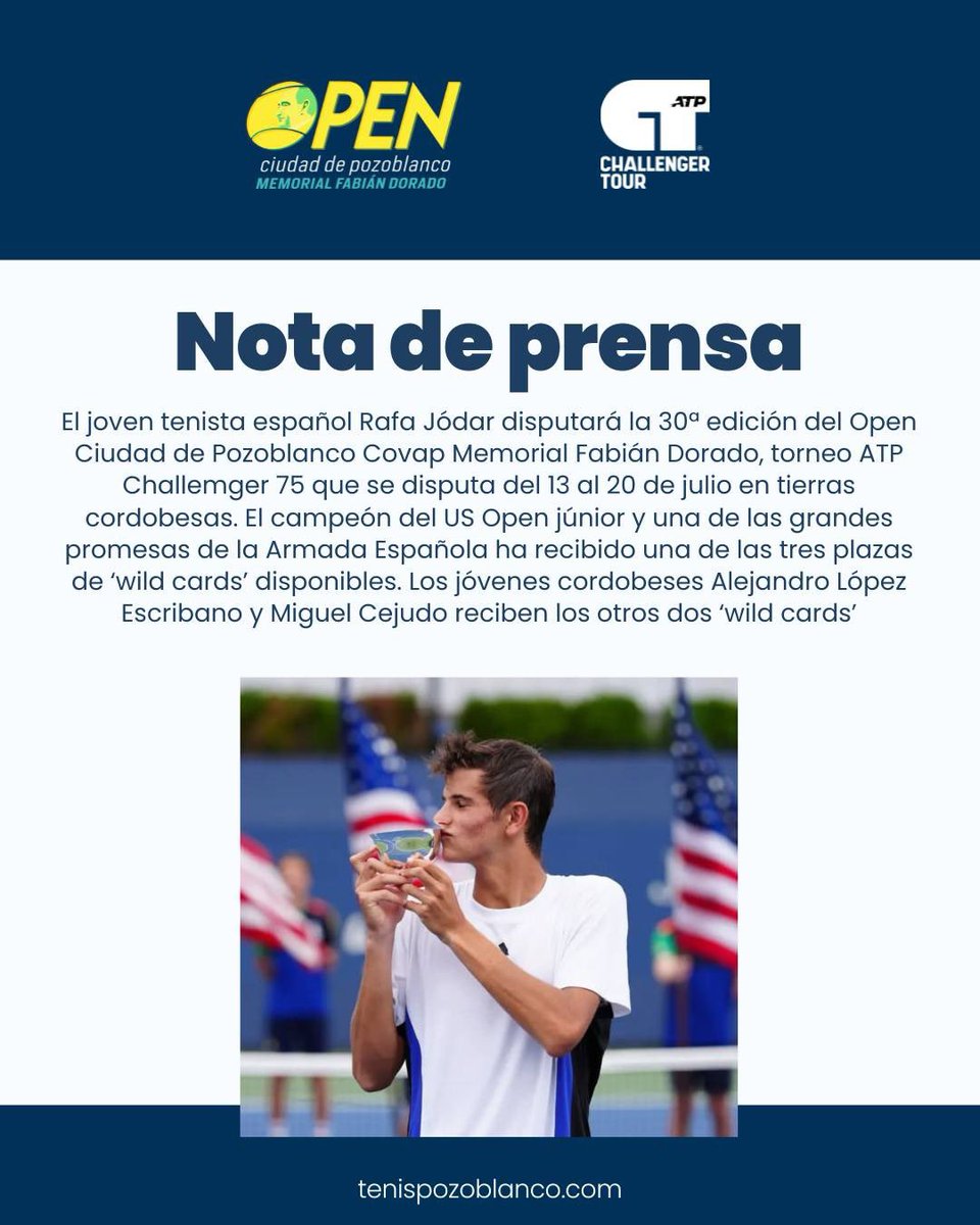 📰 #NotasDePrensaDelOpen

🗣 El campeón del US Open júnior, Rafa Jódar, jugará el ATP Challenger de Pozoblanco

ℹ️ Podéis leer la noticia completa en bit.ly/3Tv0Vd7   

#TenisPozoblanco #ATPChallenger