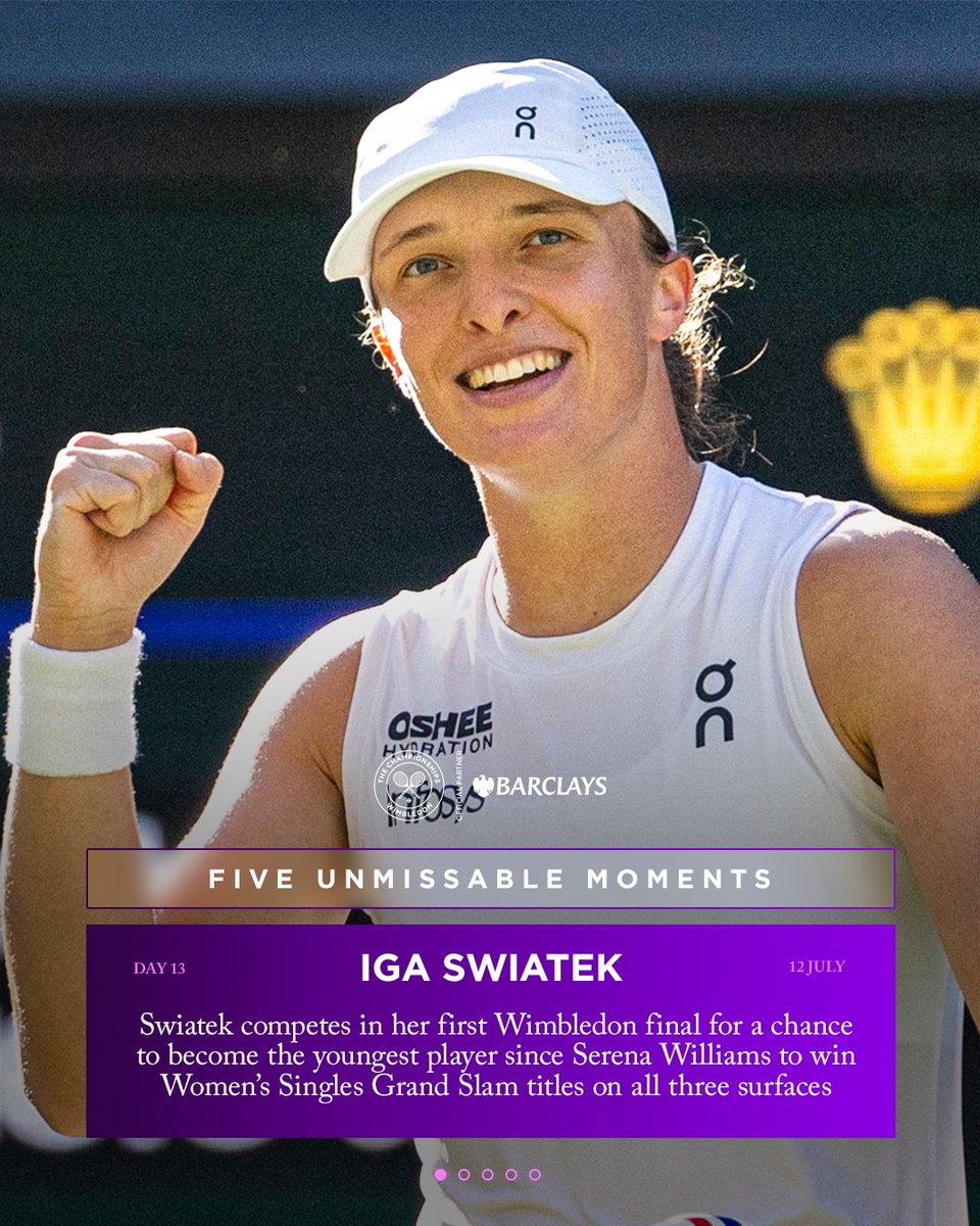 Wimbledon (@wimbledon) on Twitter photo Finals weekend is here and Iga Swiatek has history in her sights š
Presented by <a href="/BarclaysUK/">Barclays UK</a> | #FiveUnmissableMoments Finals weekend is here and Iga Swiatek has history in her sights š
Presented by <a href="/BarclaysUK/">Barclays UK</a> | #FiveUnmissableMoments