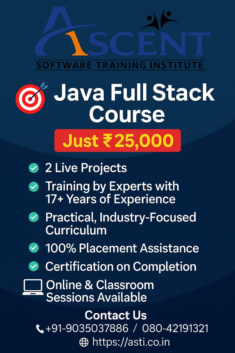 astidigital2024's tweet image. 🚀 #JavaFullStackCourse at #AscentSoftwareTrainingInstitute
🎯 Learn from #IndustryExperts with 17+YearsExperience
💻 Includes #2LiveProjects
💰 Course Fee: #Just25000
#OnlineAndClassroomTrainingAvailable
9035037886 / 080-42191321
Visit: asti.co.in
#JavaCourse