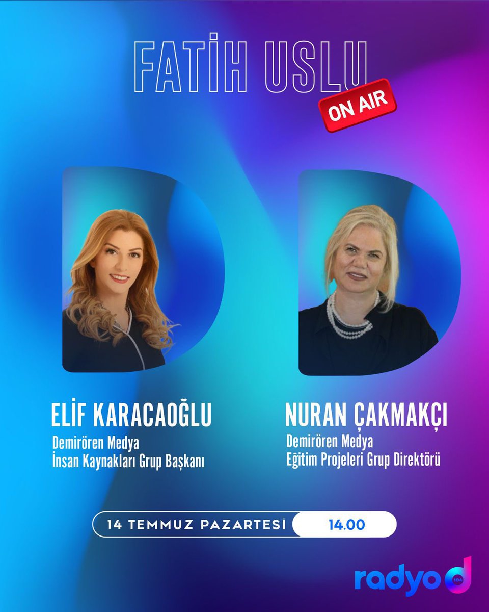 Demirören Medya İnsan Kaynakları Grup Başkanı Elif Karacaoğlu ve Eğitim Projeleri Grup Direktörü Nuran Çakmakçı, 14 Temmuz Pazartesi günü saat 14.00’te Radyo D’de Fatih Uslu’nun konuğu oluyor.

#DemirörenMTAL #DemirörenMedyaveTeknolojiLisesi