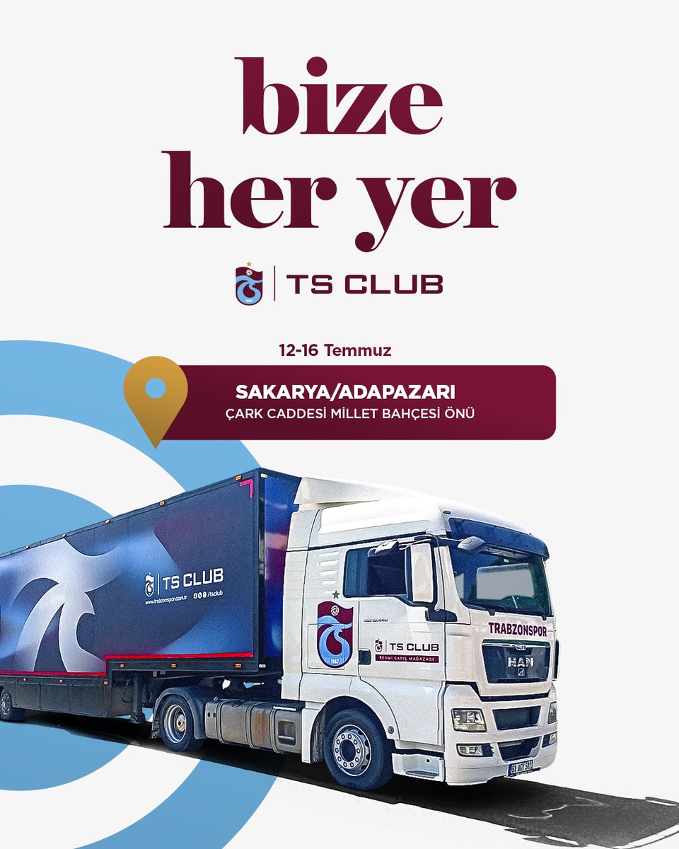 🔴🔵 TS Club Mobil Tır Mağazamız, 12-16 Temmuz tarihleri arasında Sakarya/Adapazarı Çark Caddesi Millet Bahçesi önünde taraftarlarımızın hizmetinde olacaktır. 

#TSClub #BizeHerYerTrabzon