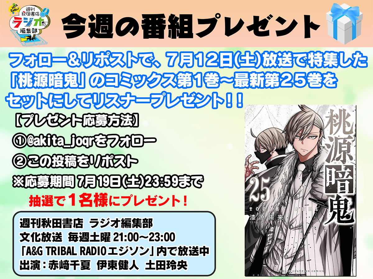 akita_joqr's tweet image. 週刊秋田書店 ラジオ編集部
リスナープレゼント🎁
フォロー&リポストで、
「#桃源暗鬼」のコミックス第1巻~最新第25巻をセットにして抽選で1名様にプレゼント‼️
🎁応募方法は画像を参照‼️
※締切は7月19日(土)23:59まで
#週刊秋ラジ #agson