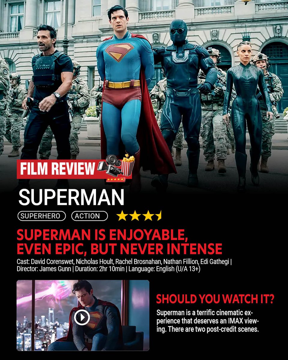 #Superman📷 Review: Over the years, the superhero universe has become increasingly grim. #JamesGunn hits the reset button. The film cuts short the conflict &amp; confrontation between characters to focus on action &amp; humour. However, one is mesmerised by the visual appeal