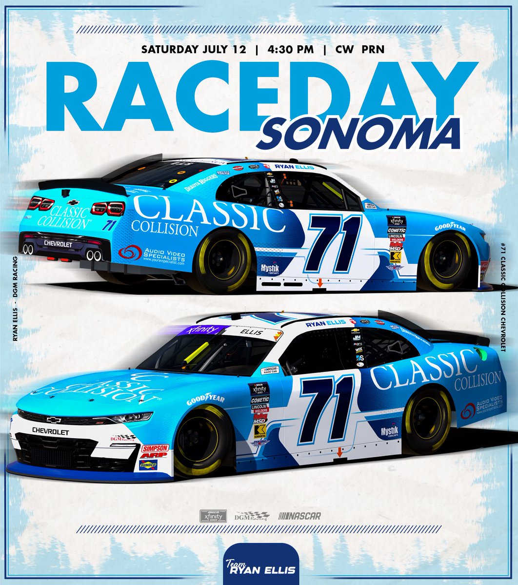 Ben Horton (@horton2802) on Twitter photo It’s race day for <a href="/ryanellisracing/">Ryan Ellis</a> and the #71 <a href="/classicollision/">Classic Collision</a> Chevrolet from <a href="/RaceSonoma/">Sonoma Raceway</a>.
🟢 4:30 PM ET
📺 <a href="/TheCW_Sports/">The CW Sports</a>
📻 PRN | <a href="/SiriusXMNASCAR/">SiriusXM NASCAR Radio (Ch. 90)</a>
<a href="/DGMRacingFL/">DGM Racing</a> <a href="/TeamRyanEllis/">Team Ryan Ellis</a> <a href="/AVSpecialists_/">Audio Video Specialists</a> <a href="/MystikLubes/">mystiklubes</a> <a href="/TerraFirmaFS/">TerraFirma</a> #TeamEllis It’s race day for <a href="/ryanellisracing/">Ryan Ellis</a> and the #71 <a href="/classicollision/">Classic Collision</a> Chevrolet from <a href="/RaceSonoma/">Sonoma Raceway</a>.
🟢 4:30 PM ET
📺 <a href="/TheCW_Sports/">The CW Sports</a>
📻 PRN | <a href="/SiriusXMNASCAR/">SiriusXM NASCAR Radio (Ch. 90)</a>
<a href="/DGMRacingFL/">DGM Racing</a> <a href="/TeamRyanEllis/">Team Ryan Ellis</a> <a href="/AVSpecialists_/">Audio Video Specialists</a> <a href="/MystikLubes/">mystiklubes</a> <a href="/TerraFirmaFS/">TerraFirma</a> #TeamEllis
