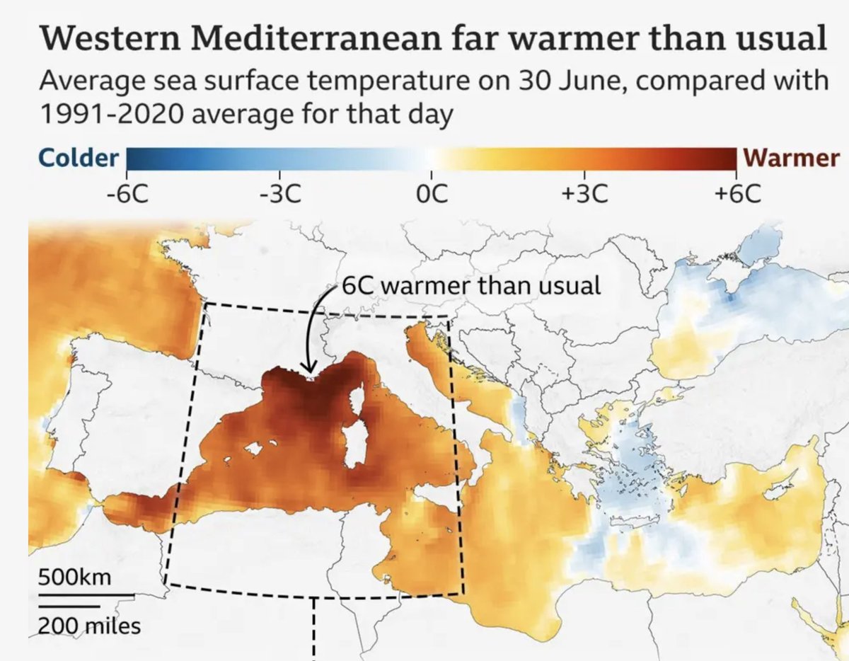 ded6ajd's tweet image. Just scaremongering, as usual. All those silly reds and oranges! Obviously the temperatures are being measured near airport runways, and the sea is subject to urban heat island effects. The Mediterranean was much hotter ...um... next year..