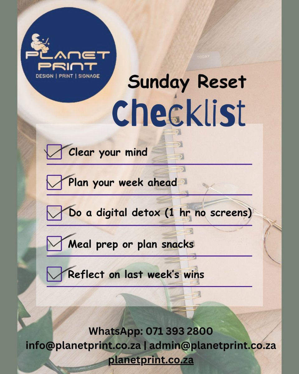 PlanetPrintSA's tweet image. 🌿 Sunday Checklist 🌿
Set the tone for a calm, productive week:
✨ You’ve got this!

WhatsApp: 071 393 2800
Email: info@planetprint.co.za | admin@planetprint.co.za
Website: planetprint.co.za

#SundayChecklist #SundayReset #PlanYourWeek #DigitalDetox #MindfulLiving
