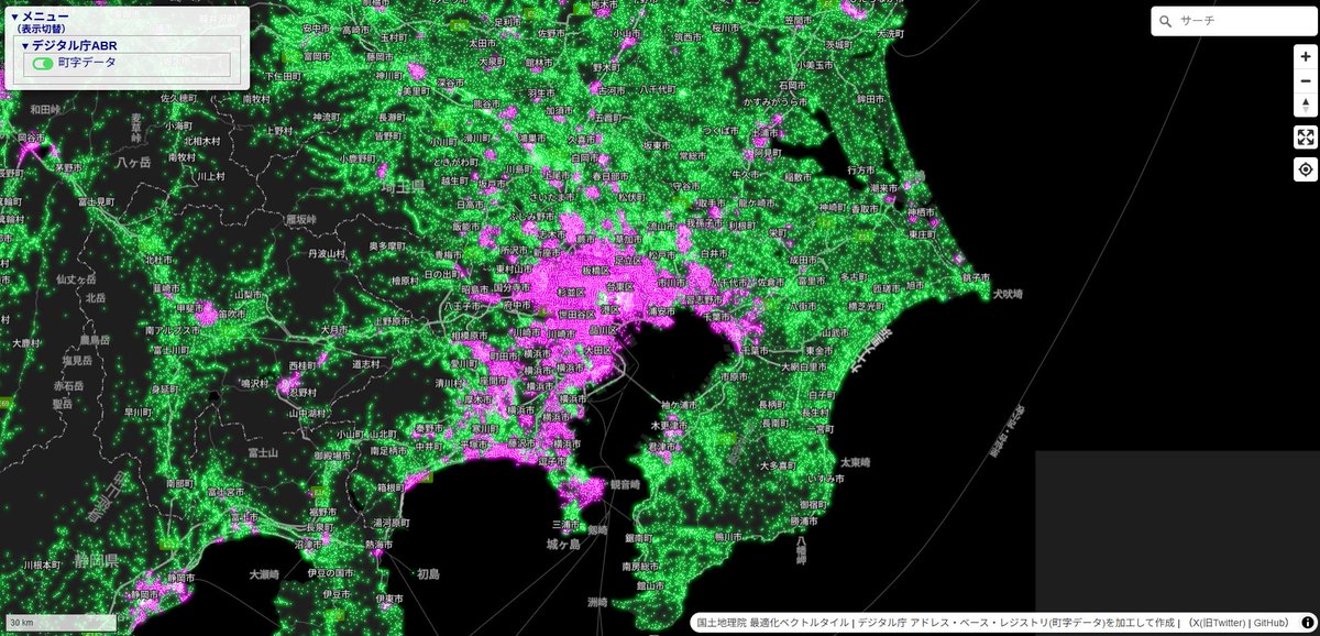shi__works's tweet image. デジタル庁アドレス・ベース・レジストリ町字データを「住居表示実施（ピンク）」と「住居表示非実施（緑）」で色分け。町字マスター位置参照拡張は試験公開版なので参考程度。全国では町字ベースではあるが1割弱が住居表示実施。
#FOSS4G #MapLibre #デジタル庁 #ABR