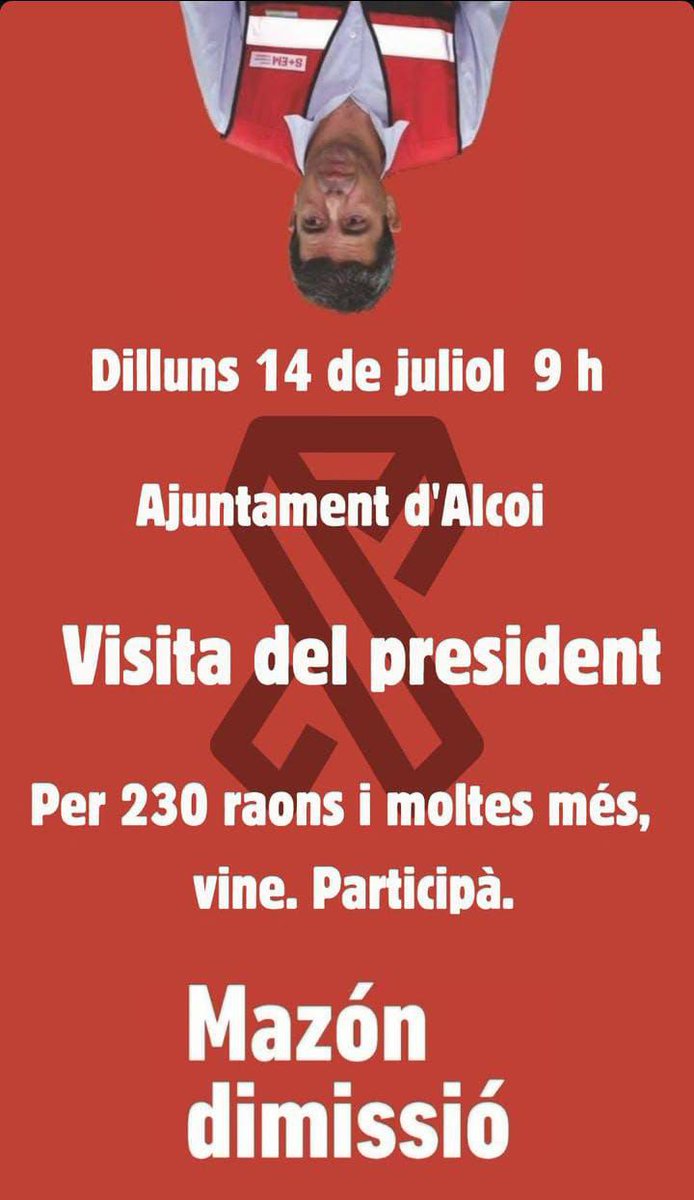 COS L'Horta (@cos_horta) on Twitter photo Dilluns 14jul 9h, concentració davant l'Ajuntament d'Alcoi x rebre el molt deshonrat Mazón.
Per 230 raons i moltíssimes més.. fins fer-los caure!
#MazonDimissio
#MazonAPreso
#ConsellDimissio
<a href="/AcordSocialVLC/">Acord Social Valencià</a> Dilluns 14jul 9h, concentració davant l'Ajuntament d'Alcoi x rebre el molt deshonrat Mazón.
Per 230 raons i moltíssimes més.. fins fer-los caure!
#MazonDimissio
#MazonAPreso
#ConsellDimissio
<a href="/AcordSocialVLC/">Acord Social Valencià</a>