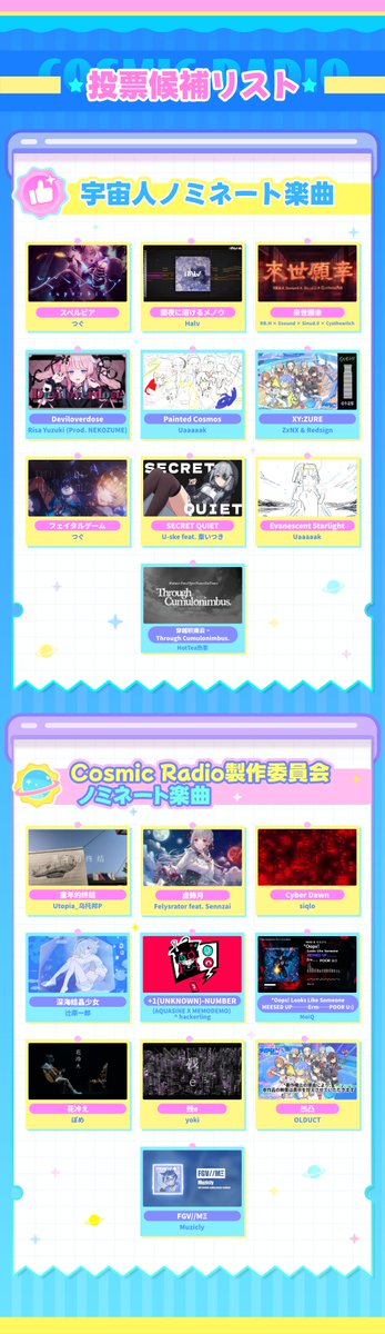 CosmicRadio_Evt's tweet image. \\「#CosmicRadio2025」宇宙人気楽曲投票 - 投票開始!//
全40曲の中で、宇宙の人気トップになるのは誰だ?
あなたの一票が、運命を決める m9( ・`ω・´)!
今すぐあなたのイチ推し楽曲を応援しましょう!
★投票ページ★
cosmicradio.peropero.net/jp/vote
★投票期間★
7月12日 ~ 7月27日 23:59 (UTC+8)…