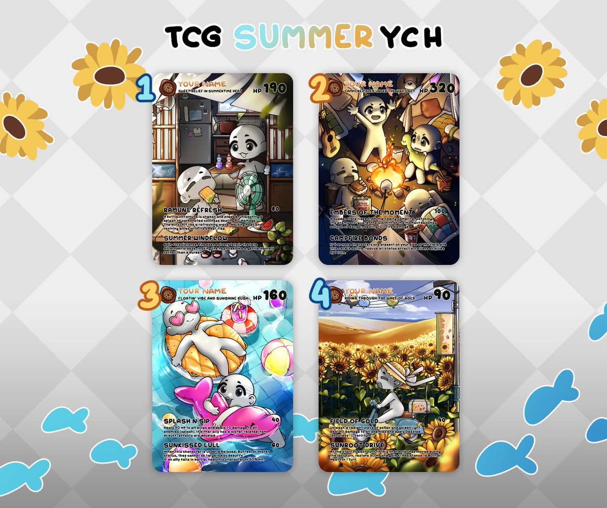 🌻 TCG Spring YCH 🌻
The new summer set is out!! I'm only able to do 4 this time around..

Waitlist is now available on VGen for around 3 days

link in 🧵

♡ and rts are always very appreciatede

#VGenOpen #VGen #commissionsopen