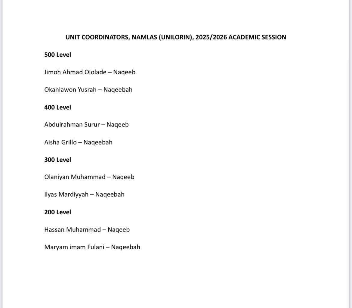 We equally felicitate with all the newly appointed executives of NAMLAS (Unilorin Chapter) for the 2025/2026 Academic Session.🎉