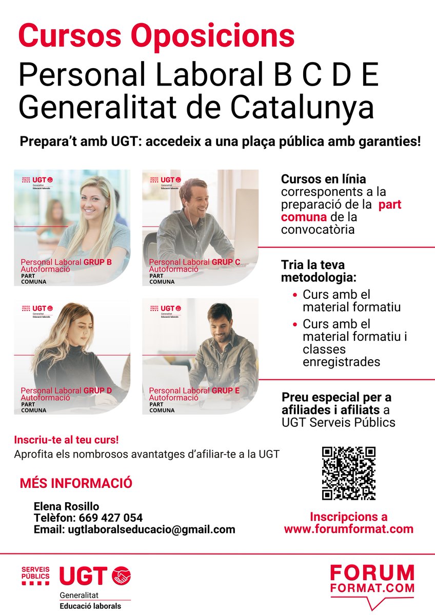 📢 UGT. Serveis Públics Catalunya. OPOS
Prepara’t les OPOS de personal laboral a la Generalitat!

📅 Matricula SEMPRE OBERTA'25 – Curs autoformatiu
📚 Temari complet + test + simulacres examen
🎯 Amb o sense classes gravades

Més info: 669 427 054 / ugtlaboralseducacio@gmail.com