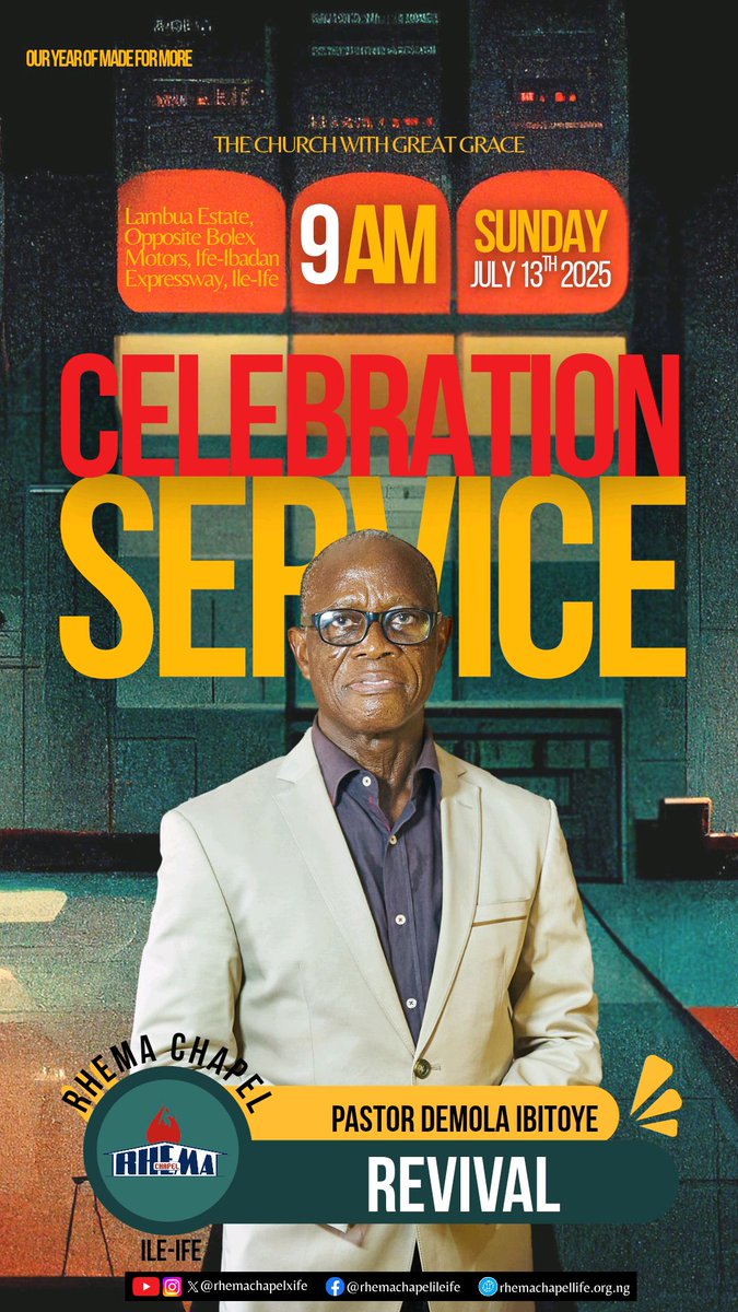 RhemaChapelxIfe's tweet photo. 🕊️Join us tomorrow for an unforgettable Celebration Service at Rhema Chapel, Ile-Ife! 🌟

🔥Revive your spirit with Pastor Demola Ibitoye on Sunday, July 13th at 9 AM. It promises to be an electric and inflammable service.

#RhemaIfe
#Revival
#Made4More https://t.co/Z59e0X4DI8
