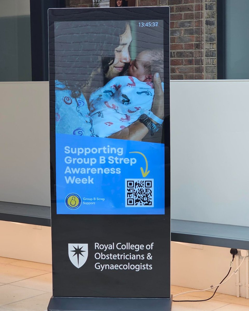 GBSSupport's tweet image. A huge thank you to our friends at the @RCObsGyn for supporting Group B Strep Awareness Week. It has been awesome to see the RCOG staircase lit up in our colours in celebration of #GBSAW, and seeing our awareness posters on their digital boards 💙💛
