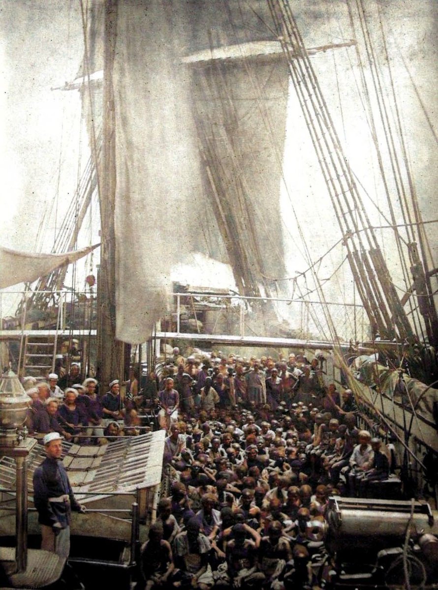 Rescued East African slaves taken from a dhow aboard British naval ship HMS Daphne. They were freed from Arab slave traders in 1868.