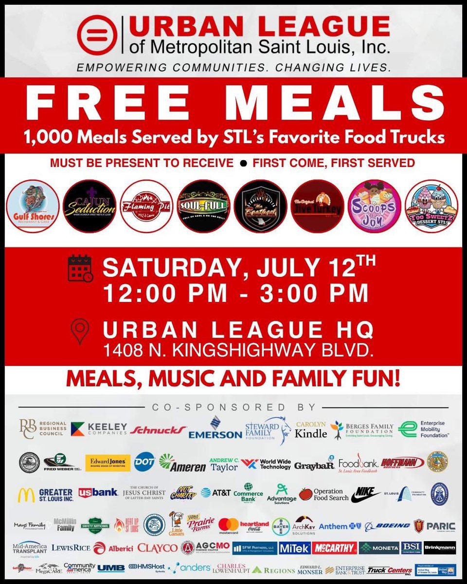 MMULSTL's tweet image. HAPPENING TODAY! 1,000 MEALS PREPARED FOR THE COMMUNITY HERE AT THE URBAN LEAGUE’S HEADQUARTERS ON KINGSHIGHWAY FROM 12-3! PLEASE SPREAD THE WORD TO ANYONE IN NEED THAT WAS DEVASTATED BY THE RECENT TORNADO DAMAGE! Thank you to ALL of the amazing staff & volunteers who have been…