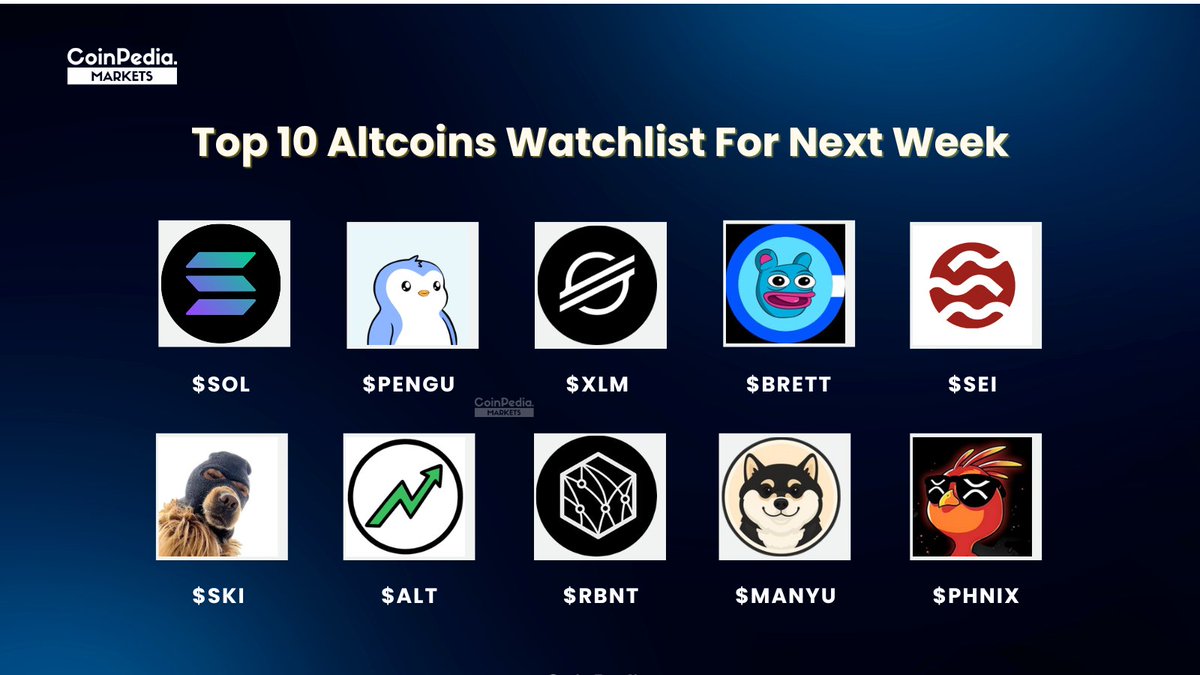 Our Top 10 #Altcoins Watchlist for Next Week 🔥🚀

1. Solana ( $SOL): $200
2. Pudgy Penguins ( $PENGU): $0.04532
3. Stellar ( $XLM): $1
4. Brett ( $BRETT): $0.11472
5. Sei Network ( $SEI): $0.6145
6. Ski Mask Dog ( $SKI): $0.15212
7. Altcoin ( $ALT): $0.34992
8. Redbelly Network