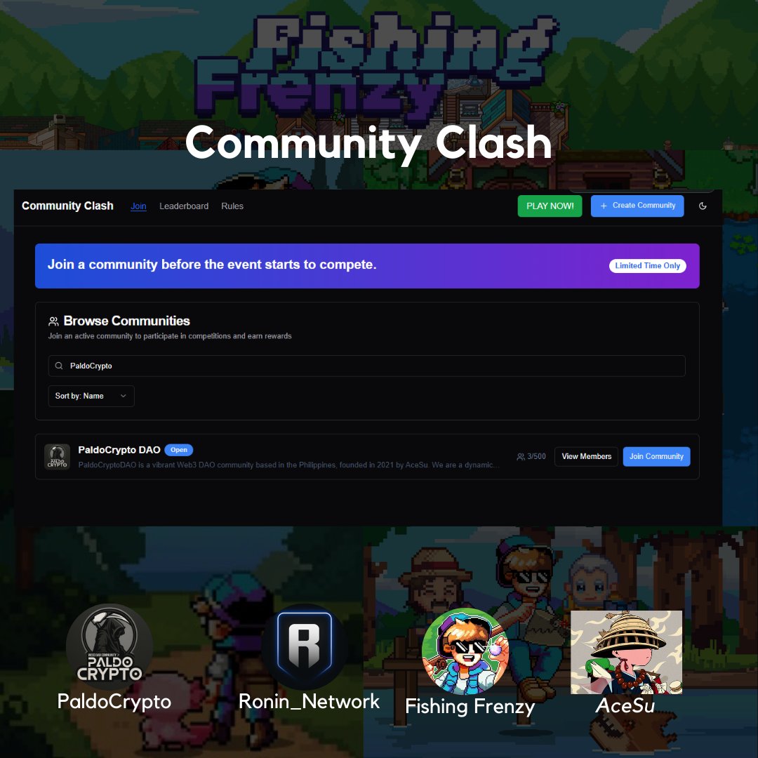 AceSu (@acstro_official) on Twitter photo Community Clash in <a href="/FishingFrenzyCo/">Fishing Frenzy</a>
- The New Event of <a href="/FishingFrenzyCo/">Fishing Frenzy</a>
- Community vs Community
- 10,000 RON + Pets Prizepool
- 2 Weeks event only
How to join?
= Join to a community (Check the link)
clash.fishingfrenzy.co/browse
= You can join to our Community "PaldoCrypto"
= Community Clash in <a href="/FishingFrenzyCo/">Fishing Frenzy</a>
- The New Event of <a href="/FishingFrenzyCo/">Fishing Frenzy</a>
- Community vs Community
- 10,000 RON + Pets Prizepool
- 2 Weeks event only
How to join?
= Join to a community (Check the link)
clash.fishingfrenzy.co/browse
= You can join to our Community "PaldoCrypto"
=