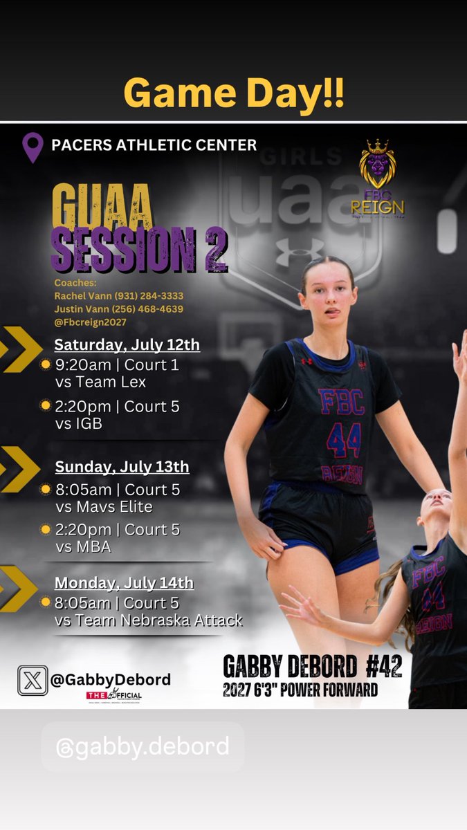 Gabby DeBord (@gabbydebord) on Twitter photo GAMEDAY!!! Let’s GO!!! 🔥🔥
<a href="/2027Fbcreign/">FBC Reign 2027 GUAA</a>
<a href="/rfvann24/">Rachel Vann</a>
<a href="/CoachVann35/">Justin Vann</a>
<a href="/PCA_WBB/">PCA_WBB</a>
<a href="/theofficial_hub/">The Official Hub</a> GAMEDAY!!! Let’s GO!!! 🔥🔥
<a href="/2027Fbcreign/">FBC Reign 2027 GUAA</a>
<a href="/rfvann24/">Rachel Vann</a>
<a href="/CoachVann35/">Justin Vann</a>
<a href="/PCA_WBB/">PCA_WBB</a>
<a href="/theofficial_hub/">The Official Hub</a>