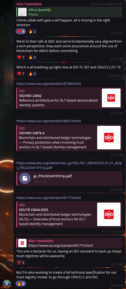 Clockyy (@oclockyy) on Twitter photo possible Collabs will be happening in the future according to Alex Tweeddale. ( <a href="/Tweetddale/">Alex Tweeddale 🆔⚛️</a> )
xfsc = Gaia-x
AlexTweeddale - Cochair of TrustoverIP - Cheqd
/ ISO Standards ISO TC 307 - CEN/CLC JTC 19 (DLTs)
Companies in support of this over the last 3m: Fraunhofer / T Systems possible Collabs will be happening in the future according to Alex Tweeddale. ( <a href="/Tweetddale/">Alex Tweeddale 🆔⚛️</a> )
xfsc = Gaia-x
AlexTweeddale - Cochair of TrustoverIP - Cheqd
/ ISO Standards ISO TC 307 - CEN/CLC JTC 19 (DLTs)
Companies in support of this over the last 3m: Fraunhofer / T Systems