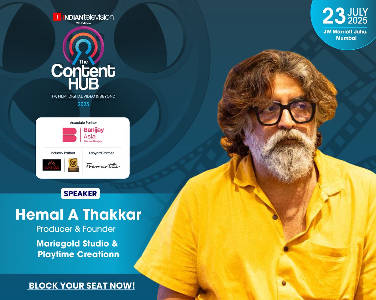 Indiantelevision.com (@itvnewz) on Twitter photo Join <a href="/HemalAThakkar/">Hemal A Thakkar</a> Producer & Founder from #MariegoldStudio & #PlaytimeCreationn Speaker for the 9th Edition of The Content Hub Summit 2025!
Date: 23rd July 2025
Venue: JW Marriott Juhu, Mumbai
Register Now: thecontenthub.in/#registration
#TCH2025 Join <a href="/HemalAThakkar/">Hemal A Thakkar</a> Producer & Founder from #MariegoldStudio & #PlaytimeCreationn Speaker for the 9th Edition of The Content Hub Summit 2025!
Date: 23rd July 2025
Venue: JW Marriott Juhu, Mumbai
Register Now: thecontenthub.in/#registration
#TCH2025