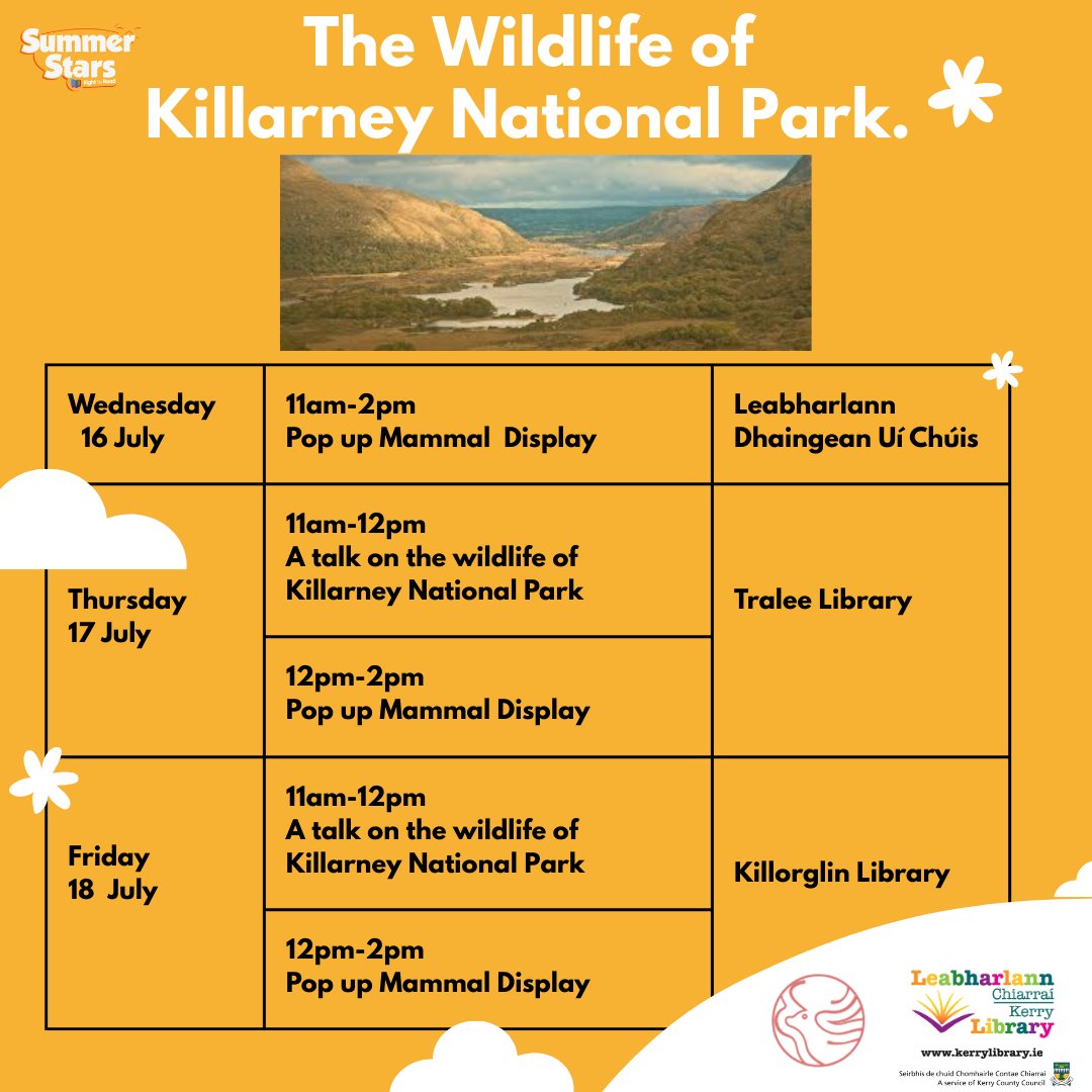 Join experts from Killarney National Park Education Centre for a talk &amp; display on the wildlife of Kerry.

Pop up display
Dingle Library, Wednesday 16, 11am-2pm

A talk on the wildlife at 11am, followed by a pop up display 12pm--2pm
Thursday 17, Tralee
Friday 18, Killorglin