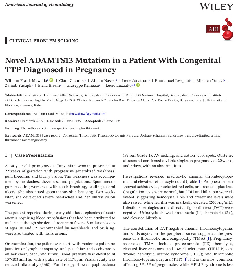New Case Published!

We report the first molecularly confirmed case of congenital TTP in pregnancy from SSA — diagnosed after the patient’s preeclampsia-like symptoms persisted post-abortion.

*A novel ADAMTS13 mutation was identified by NGS.*  

🔗 onlinelibrary.wiley.com/doi/10.1002/aj…