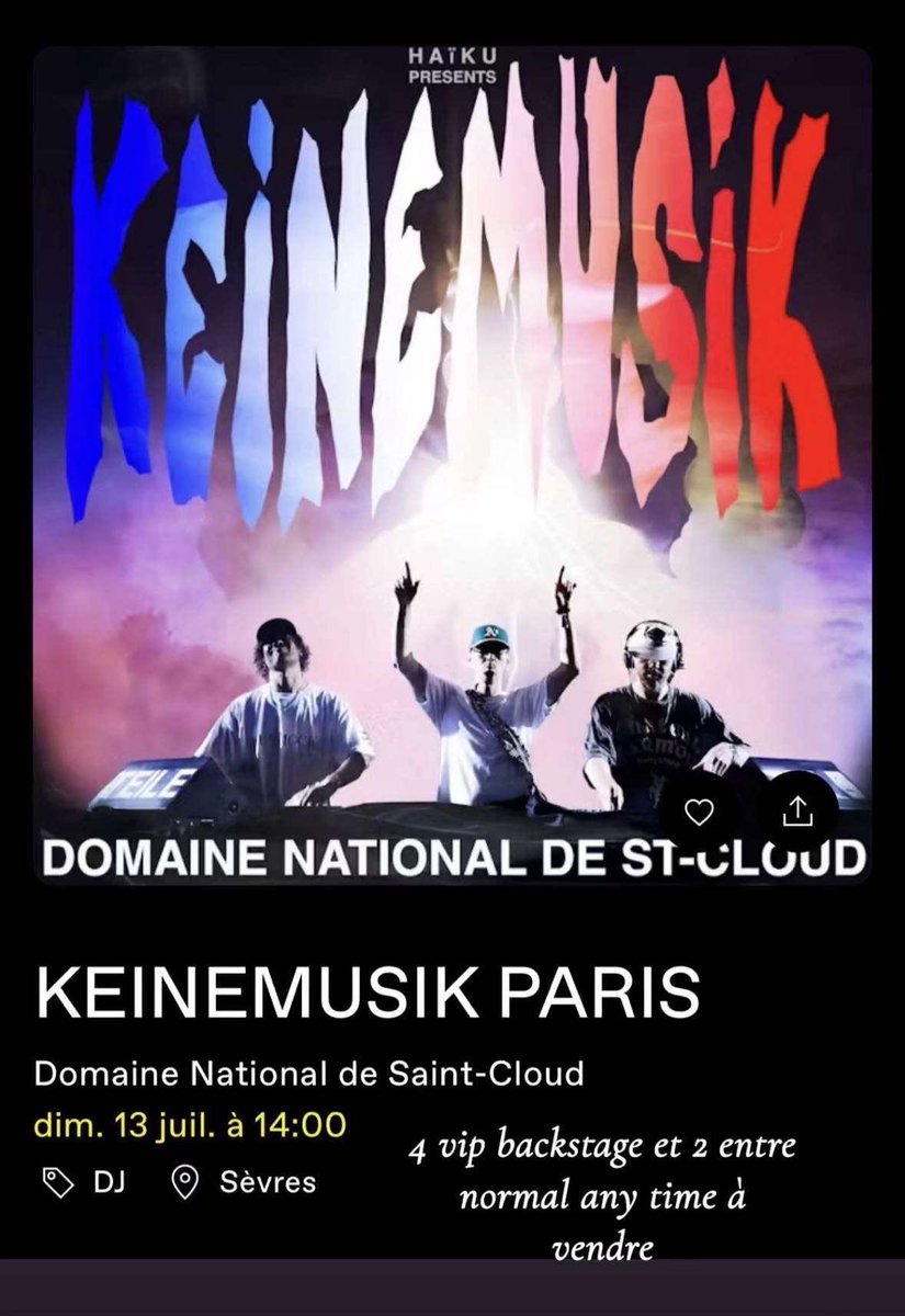 Yanii_94's tweet photo. KEINE MUSIK 13 JUILLET PARIS 
4 VIP BACKSTAGE 
2 ENTRÉES CLASSIQUES https://t.co/NZ4rEUpind