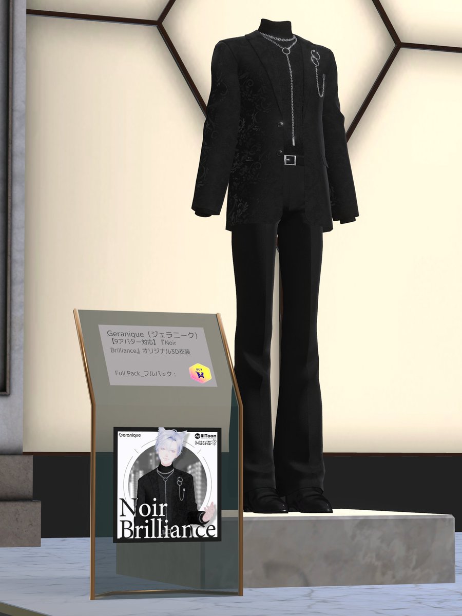 【Vket展示のお知らせ】

Vket 2025 Summer の The Alter Vista Midnight Crescent Calm 3階で衣装『Noir Brilliance』を展示しております！

衣装を間近でご覧いただけます。ご興味のある方はぜひお越しください！何卒よろしくお願いいたします。
#VRChat #Vket #Vket2025Summer