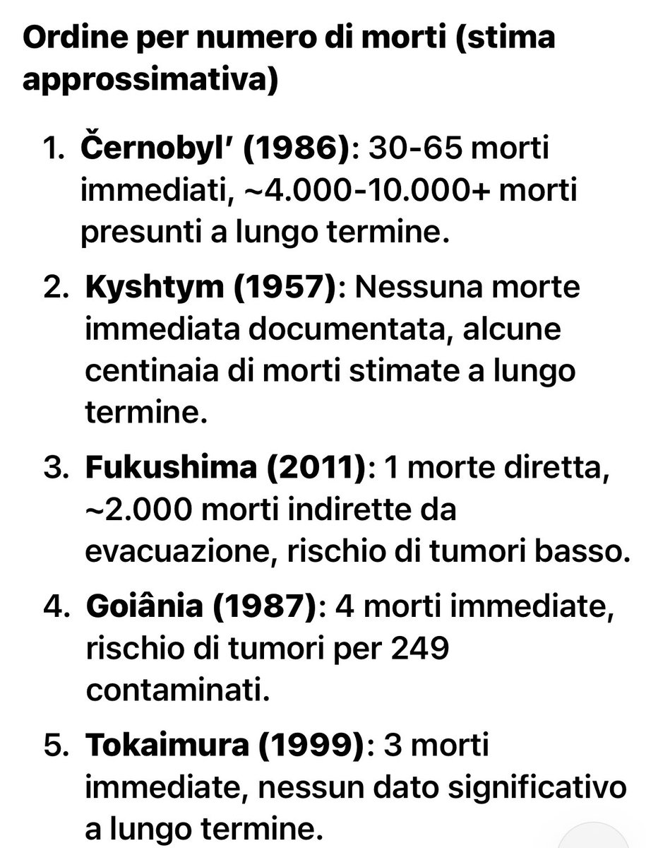 É interessante fare un raffronto tra il numero di morti causate dall'energia nucleare vs l'utilizzo di combustibili fossili. La lista elenca i morti Nuke. Il 5 caso è la contaminazione da cesio 132 da un rottame di macchina per medicina nucleare messo in salotto.