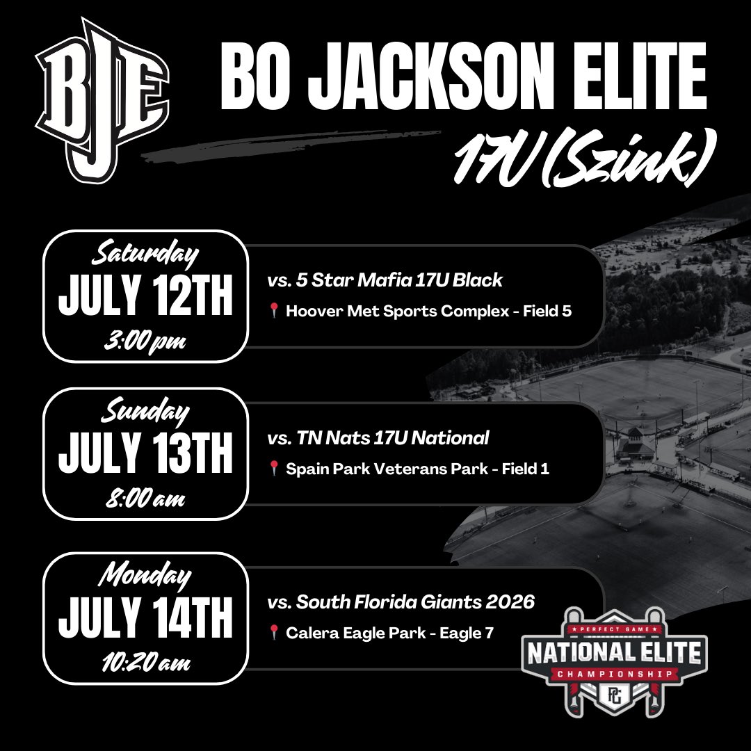 Locked &amp; loaded for the <a href="/PerfectGameUSA/">Perfect Game USA</a> 17U National Elite Championship 

<a href="/BJEBaseball/">Bo Jackson Elite Baseball</a> | <a href="/BJE_Recruiting/">Bo Jackson Elite Baseball Recruiting</a>