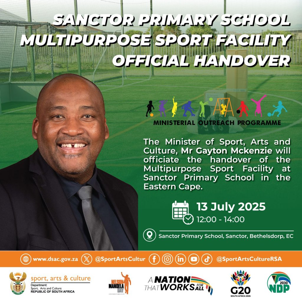 Minister Gayton McKenzie (@ministermck) on Twitter photo ๐จ Minister <a href="/GaytonMcK/">Gayton McKenzie</a> will officially hand over a new combi-court at Sanctor Primary School, Bethelsdorp, this Sunday, 13 July as part of the Ministerial Outreach Programme to boost school sport.
๐ 13 July 2025
๐ 12:00โ14:00
๐ Sanctor Primary, EC #SportDevelopment ๐จ Minister <a href="/GaytonMcK/">Gayton McKenzie</a> will officially hand over a new combi-court at Sanctor Primary School, Bethelsdorp, this Sunday, 13 July as part of the Ministerial Outreach Programme to boost school sport.
๐ 13 July 2025
๐ 12:00โ14:00
๐ Sanctor Primary, EC #SportDevelopment