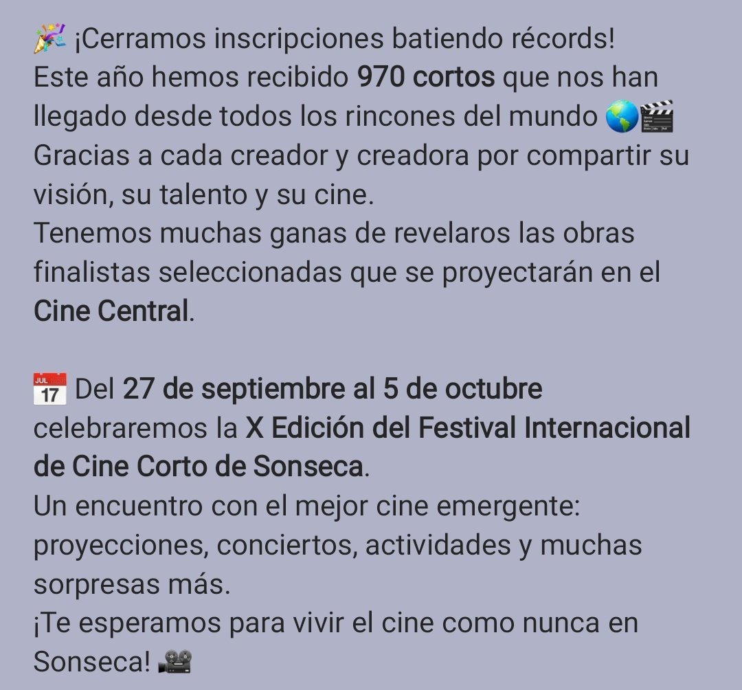SemCineSonseca's tweet photo. ¡Cerramos inscripciones batiendo récords en nuestra décima edición! 

#CineSonseca #FestivalDeCine #CineCorto #TalentoEmergente #PasiónPorElCine #Largavidaalcorto https://t.co/qNkani6RE6