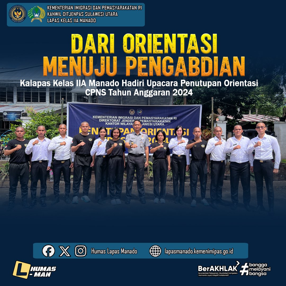lapas_manado's tweet image. Dari Orientasi Menuju Pengabdian
Kalapas Kelas IIA Manado Hadiri Upacara Penutupan Orientasi CPNS Tahun Anggaran 2024

#Kememimipas 
#pemasyarakatan 
#ditjenpas 
#lapasmanado 
#imipasbersinar