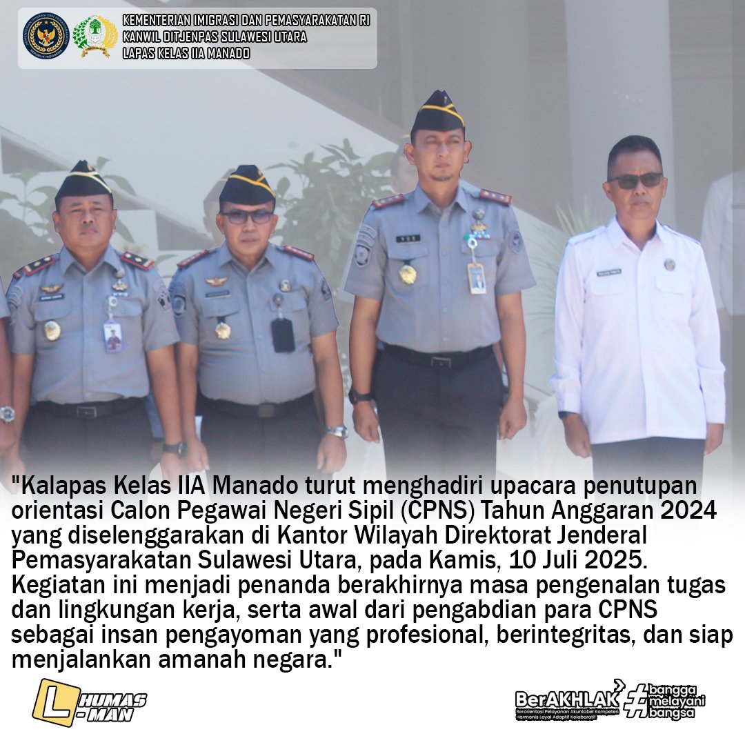 lapas_manado's tweet image. Dari Orientasi Menuju Pengabdian
Kalapas Kelas IIA Manado Hadiri Upacara Penutupan Orientasi CPNS Tahun Anggaran 2024

#Kememimipas 
#pemasyarakatan 
#ditjenpas 
#lapasmanado 
#imipasbersinar
