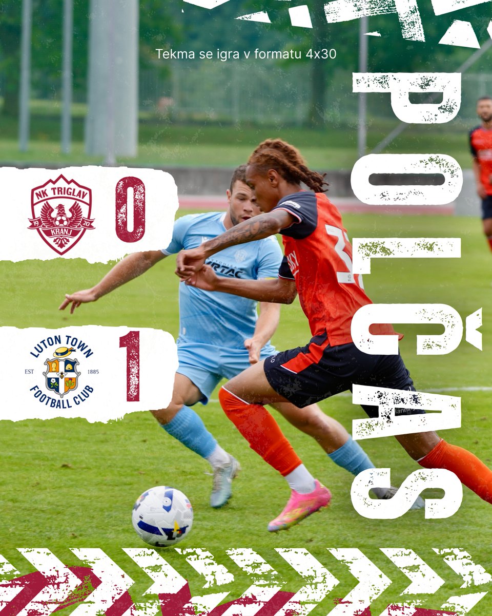 Po prvi polovici vodi FC Luton Town.

Tekma se igra v formatu 4x30.
#ČasZaTriglav #GremoOrli
#ToJeTaBordoEnergija #GorenjskiOrli
#PrelepaGorenjska #BordoBeli #TriglavDoNeba
#TriglavKranj