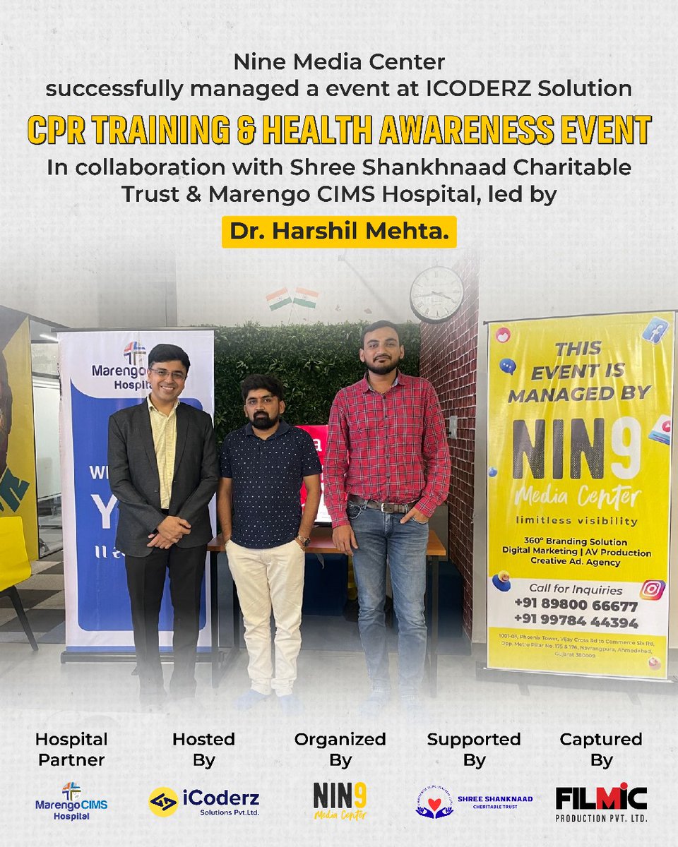 ninemediacenter's tweet photo. Nine Media Center successfully organized a CPR Training &amp; Health Awareness Event at ICODERZ Solution with Shree Shankhnaad Charitable Trust &amp; Marengo CIMS Hospital, led by Dr. Harshil Mehta. A step towards life-saving awareness! 💪🩺
#CPRTraining #HealthAwareness #NineMediaCenter https://t.co/iWUO7E0BbE