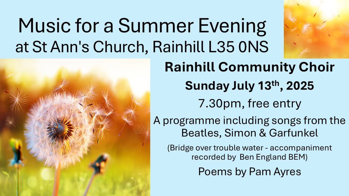 Rainhill Community Choir have a concert on tomorrow night at St Ann’s Church. They will be singing songs including The Beatles and Simon and Garfunkel. It starts at 7:30pm and is free to attend.

The Church should be nice and cool so if you’re looking for something to do stop by.