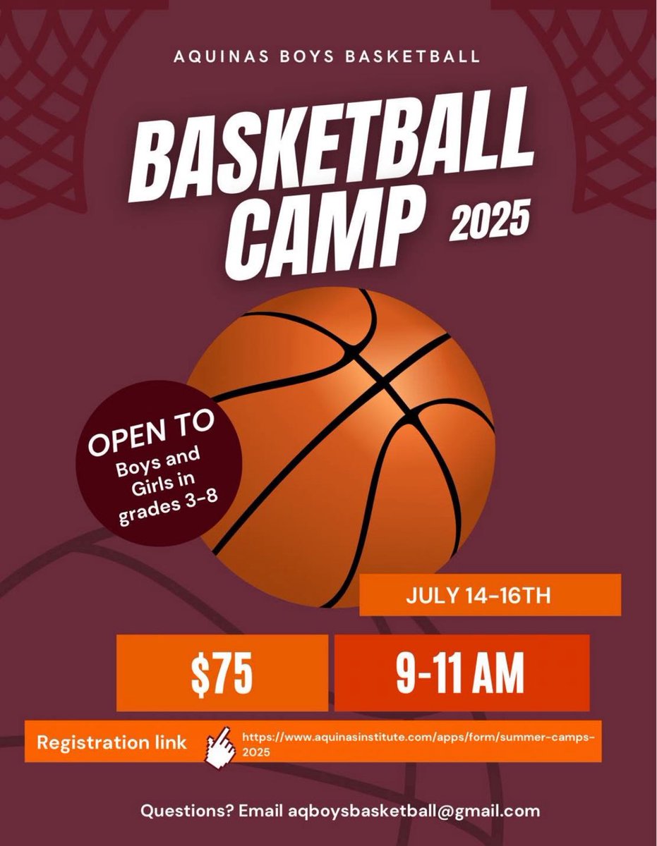We still have a few openings in our boys and girls basketball camp!  Anyone can attend, you do not have to be an Aquinas student so gather up your friends and join us! 🍀🏀

Link to register:

aquinasinstitute.com/apps/form/summ…
