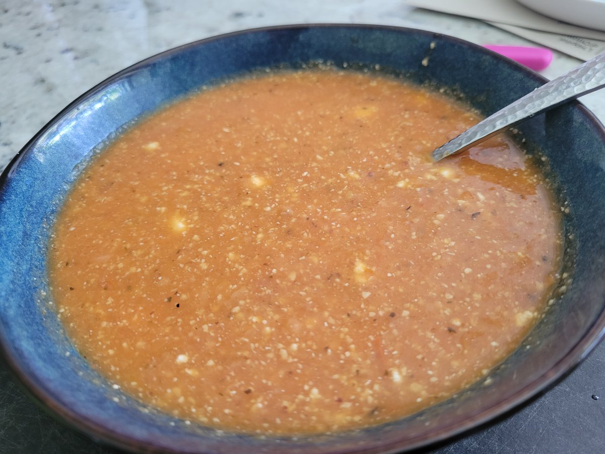 My experimentation with high protein soups continues. This one is tomato soup: tomatoes, vegetable broth, almond flour, okara (soy pulp, leftover from making soy milk), basil, thyme, and oregano. Deee-licious.