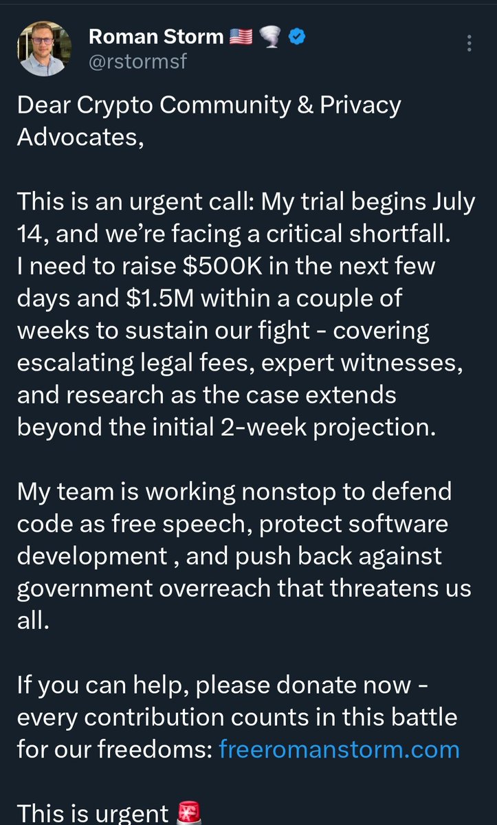The level of hypocrisy in this space makes me vomit every fucking single day. Roman is standing up for what crypto was meant to be (=censorship-resistant, immutable, and privacy-first code) he's paying a real price for it. Meanwhile, you retards throw 500 million into another